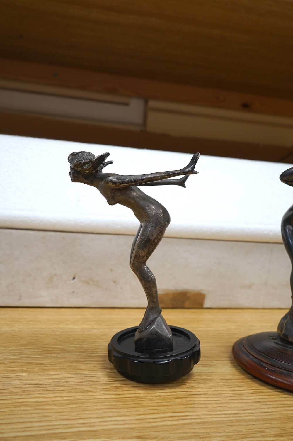 Two vintage chrome Lejeune figural car mascots, tallest 16.5cm high (not including base). Condition - fair to good.